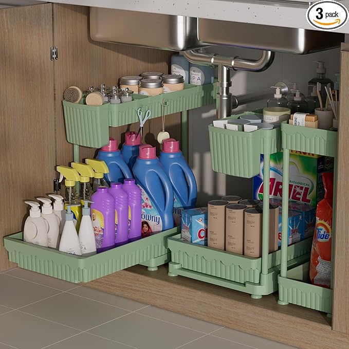 3 Pack Multi-Purpose Under Sink Organizers and Storage, 2026 L-Shaped Pull Out Cabinet Organizer for Bathroom & Kitchen, Under Cabinet Organizer with Hooks Hanging Cup, Green