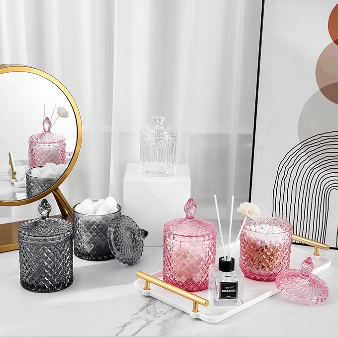 rejomiik 2 Pack Qtip Holder Glass Apothecary Jars with Lid for Bathroom Canisters Dispenser Decor, Storage Organizer for Cotton Swabs, Balls, Pads, Floss Picks, Candy, Pink