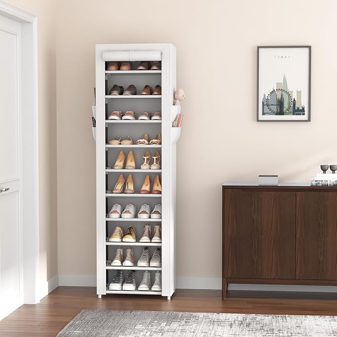 VTRIN Vertical Narrow Shoe Rack Organizer Tall Shoe Rack for Closet Entryway 10 Tier Non-Woven Cover Shoe Shelf Holds 20-22 Pairs Free Standing Shoe Storage Cabinet with Dustproof Cover, White