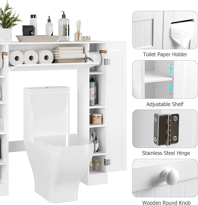 Over The Toilet Storage Cabinet, Bathroom Space Saver with Paper Holder and Adjustable Shelves, Freestanding Toilet Cabinet Organizer with 2 Side Doors and Pull-Down Door, White