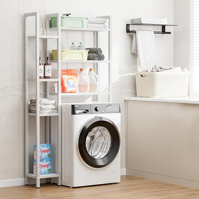 OTK Over The Toilet Storage with 7-Tier Bathroom Organizer Shelf, Freestanding Space Saver with Adjustable Feet & Hooks, Storage Rack for Bathroom, Restroom, Laundry, White
