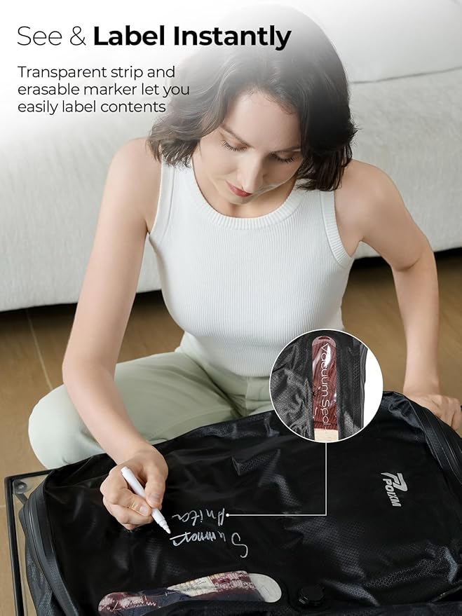 POIXM Vacuum Bags for Travel with Wireless Pump, 180° Open Zipper, IP67 Waterproof, Reusable Space Saver Compression Bags for Backpack, Suitcase, Home Storage(1 Pack)