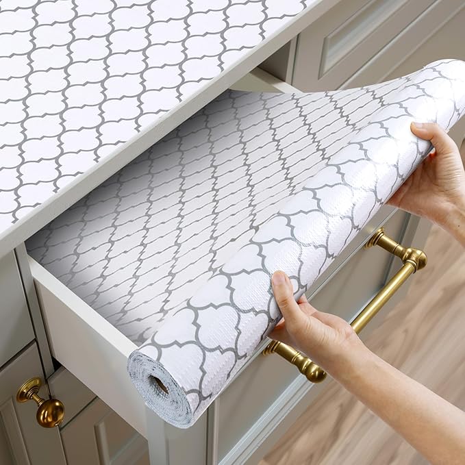 Shelf and Drawer Liner for Kitchen Cabinets Non-Adhesive, Strong Grip Non-Slip Thickened Cabinet Liners for Shelves, Waterproof Mats for Dresser Cupboard, White/Gray, 17 in x 10 Feet