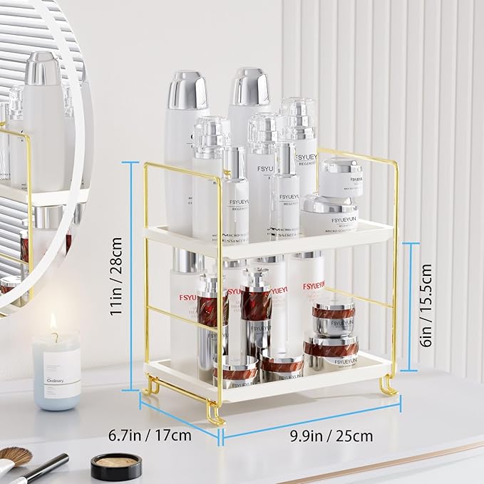 FSyueyun 2-Tier Bathroom Countertop Organizer, Tool-Less Premium Plastic Makeup Organizer - Bathroom Tray for Perfume, Skincare, Cosmetics on Dresser, or Bedroom(White and Gold)