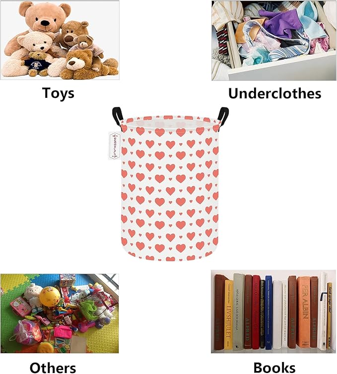 QUEENLALA Large Storage Basket,Laundry Hamper/Bathroom/Home Decor/Collapsible Round Storage Bin,Boys and Girls Hamper/Boxes/Clothing(Round-Pink Heart)