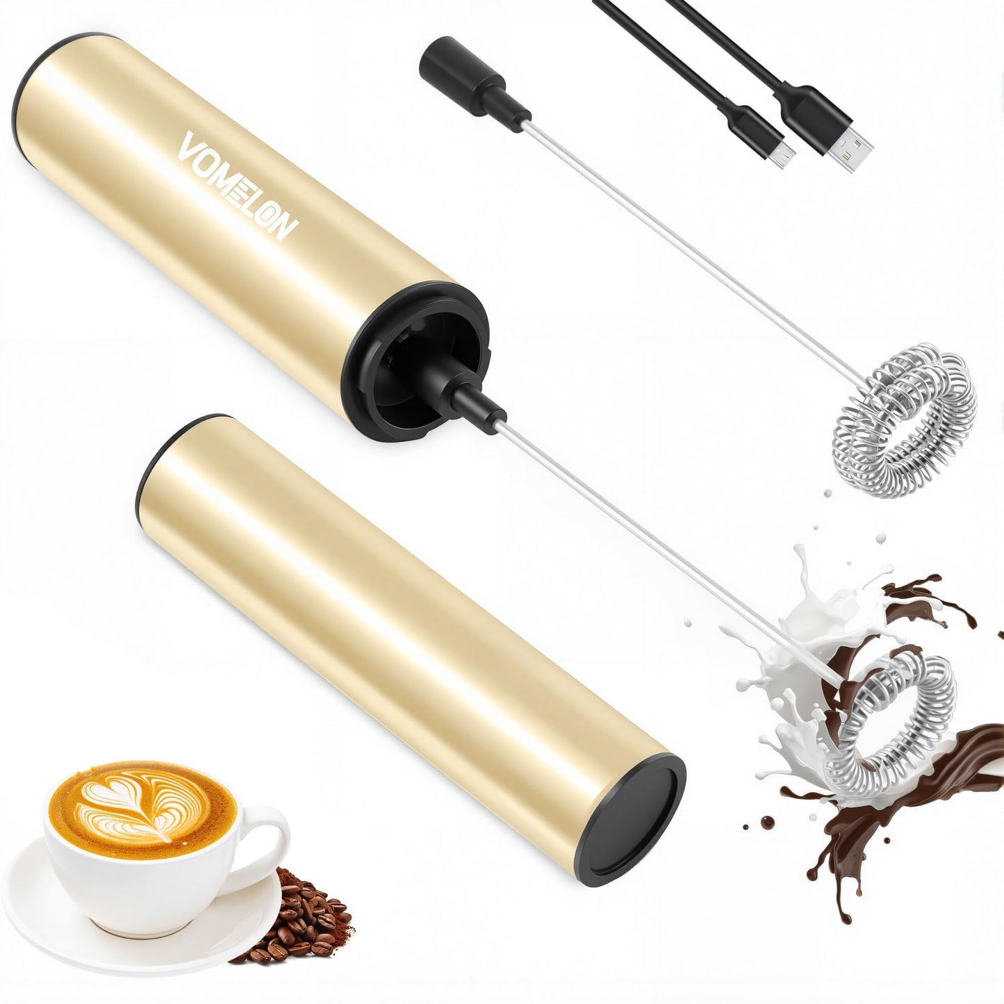 Rechargeable Milk Frother Battery Operated,2-Speed Portable Travel Frother,Electric Milk Foamer Coffee Frother for Latte, Cappuccino, Hot Chocolate Drink Mixer with Double Mini Whisks and USB Cable