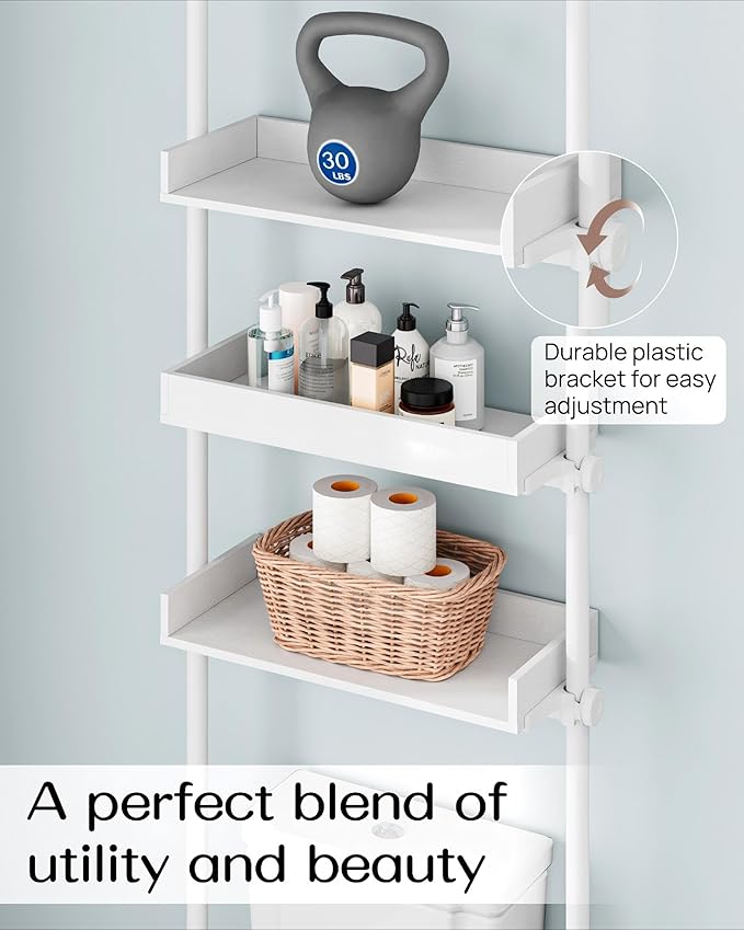 ALLZONE 4 Tier Over The Toilet Storage, Adjustable Wood Over Toilet Bathroom Organizer, Freestanding Shelves, Fit Most Showers Over The Toilet Shelf, 92 to 116 Inch Tall, White