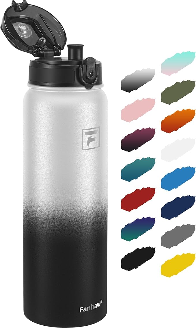Fanhaw 32 oz Insulated Stainless Steel Water Bottle with Anti-Dust Chug Lid, Leakproof Vacuum Sports Bottle for Men & Women (White Black)