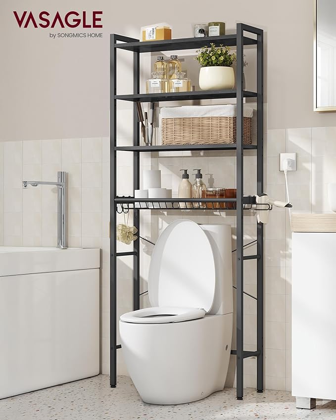 VASAGLE Over The Toilet Storage, Over Toilet Bathroom Organizer with Adjustable Shelves and Basket, 3 Hooks, Space Saving, 9.4 x 23.6 x 68.1 Inches, Ebony Black UBTS114BE01S