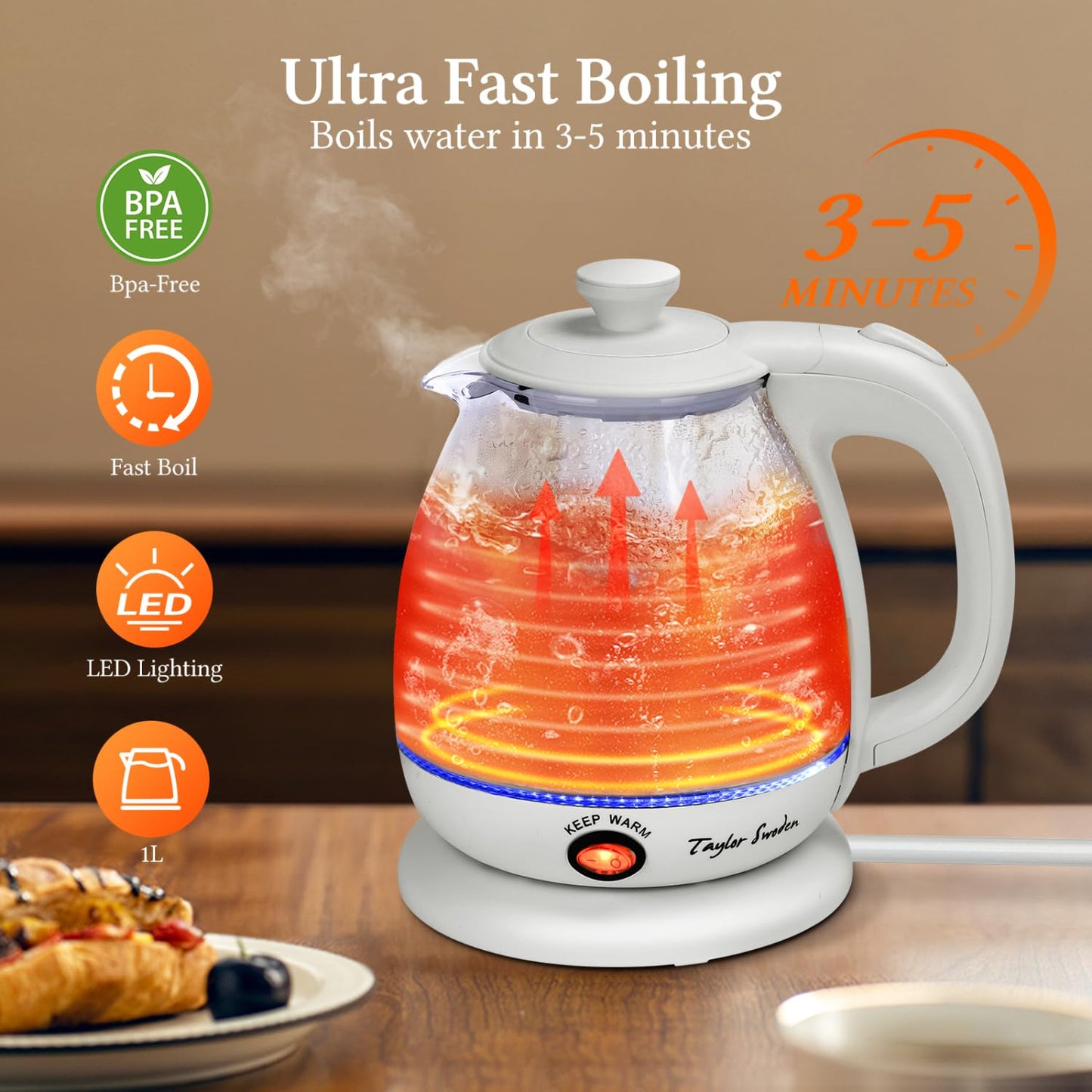 Taylor Swoden Electric Kettle With Tea Infuser, 1L, White