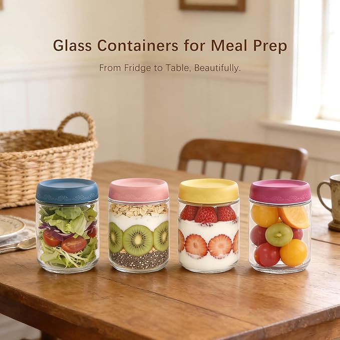 16 OZ 8 Pack Overnight Oats Jars with Airtight Lids and Jar Sleeve, Glass Containers for Meal Prep, Leak-Proof Food Storage Jars for Yogurt, Pudding & Healthy Breakfast (16oz-8 Pack)