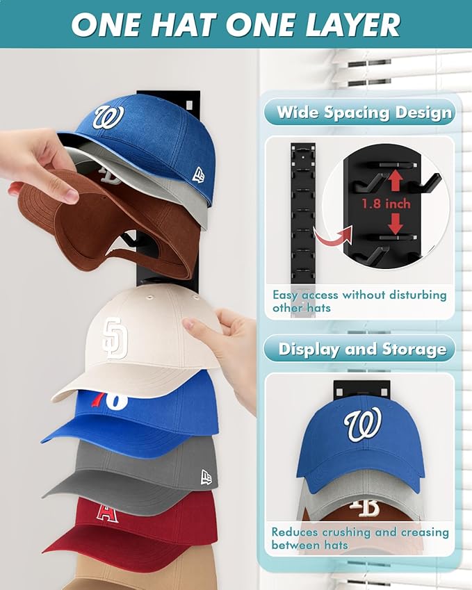 Hat Organizer for Baseball Caps (2-Pack), Strong Adhesive Hat Rack for Wall, Multi-layer Hat Hooks Storage for 18 Hats, Hat Holder Hanger for Door, Bedroom, Closet - Black