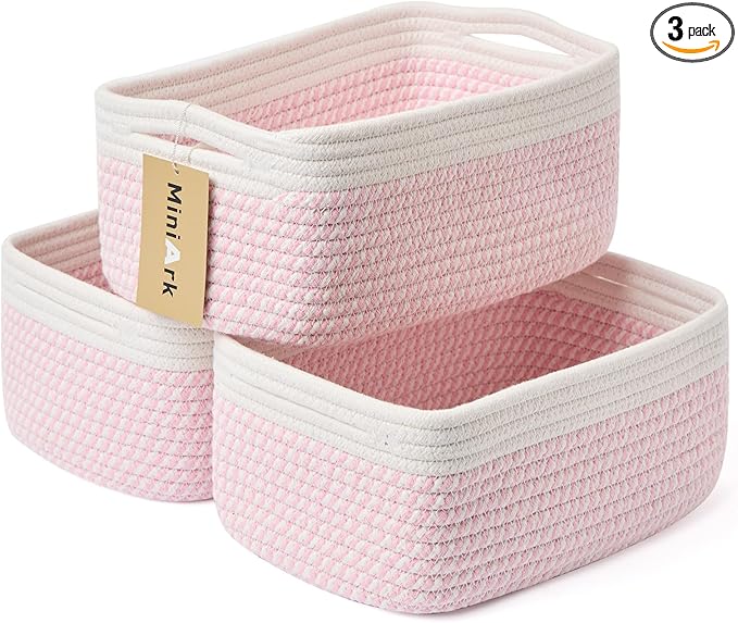 Small Storage Baskets for Organizing | Closet Organizer Bins | Shelf Toy Basket | Woven Rope Baskets | Cube Decorative Box | Shallow Basket | 13x8.5x5.1” | 3 Packs White Pink