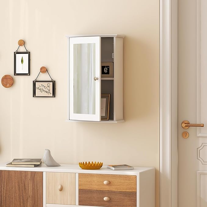 Tangkula Bathroom Medicine Cabinet with Mirror, Wall Mounted Single Mirror Door Storage Cabinet w/Adjustable Shelf, Wall Cabinet w/Reversible Door for Bathroom Living Room Hallway (White)