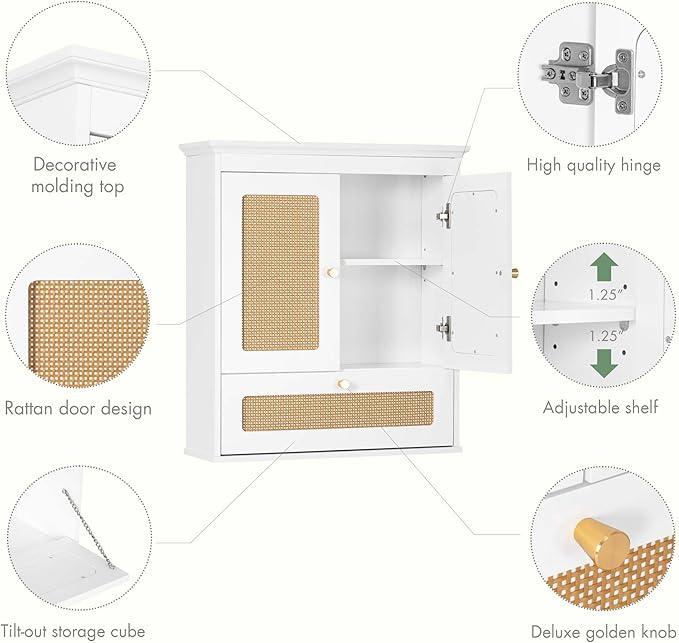 Spirich Bathroom Wall Cabinet Over Toilet, Boho Rattan Medicine Cabinet with Adjustable Shelf, Space-Saving Wall Mount Storage