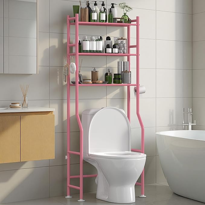 3-Tier Over The Toilet Storage with Paper Holder, Metal Bathroom Organizers and Storage for Small Space, Freestanding Bathroom Shelves with 4 Hooks, Above The Toilet Storage Shelf (Pink)