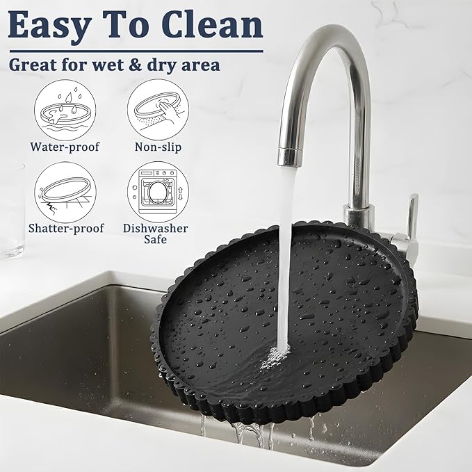 Silicone Bathroom Countertop and Vanity Tray, Round Silicone Bathroom Tray, Modern Bathroom Decor, Coffee Table Decor, Decorative Tray for Candle, Perfume, Plants (Black, 9 inch)