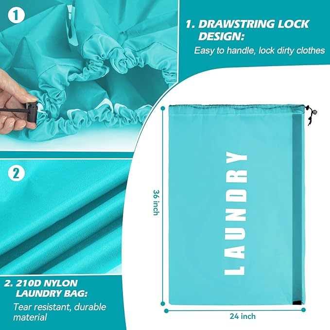 Heavy Duty Laundry Bag with Strap,2 Pack Travel Laundry Bags for Dirty Clothes,24" x 36" Large Laundry Bag for Traveling,Camping,Dorm (Cyan + Gray)