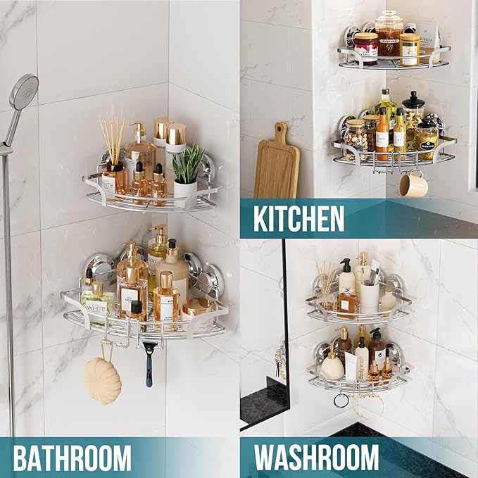 TAILI 2 Pack Powerful Suction Cup Corner Shower Caddy, Stainless Steel Rustproof Shower Shelf with Hook, Drill-Free Wall Mounted Basket, Large Capacity Removable Suction Cup Bathroom Organizer, Silver