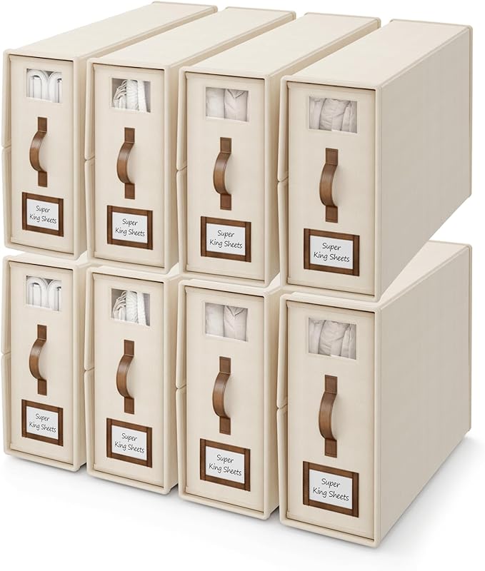 8 Pack Foldable Bed Sheets Set Organizers and Storage(Cal King Size),Linen Fabric Closet Organizers with Window,Folding Bedding Storage Box for Bedsheets and Pillow Cube Organizer-Beige