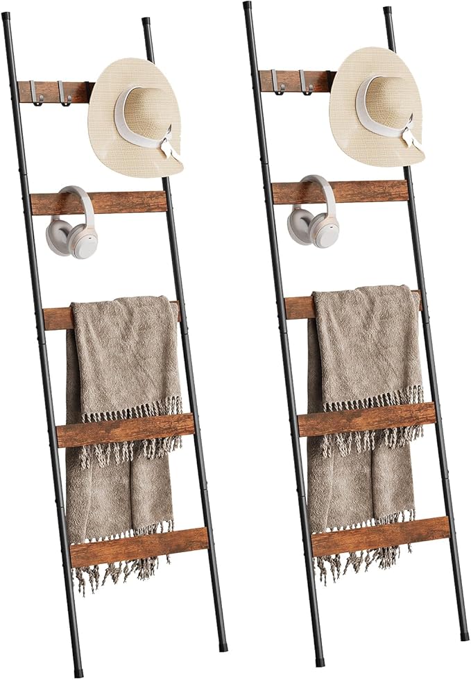 ELYKEN 2 Pack Blanket Ladder for Living Room, Farmhouse 5-Tier Quilt Holder with 4 Removable Hooks for Bathroom, Wood Towel Rack Display, Wall Anchor Leaning Decorative Stand for Home, Rustic Brown