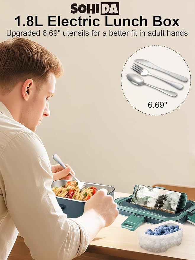 1.8L Heated Lunch Box, 80W Electric Lunch Box with Long-handled Utensils for Adults, 12V/24V/110V Lonchera Eléctrica Portátil, Portable Food Warmer for Car/Truck/Office (Blue-Green)