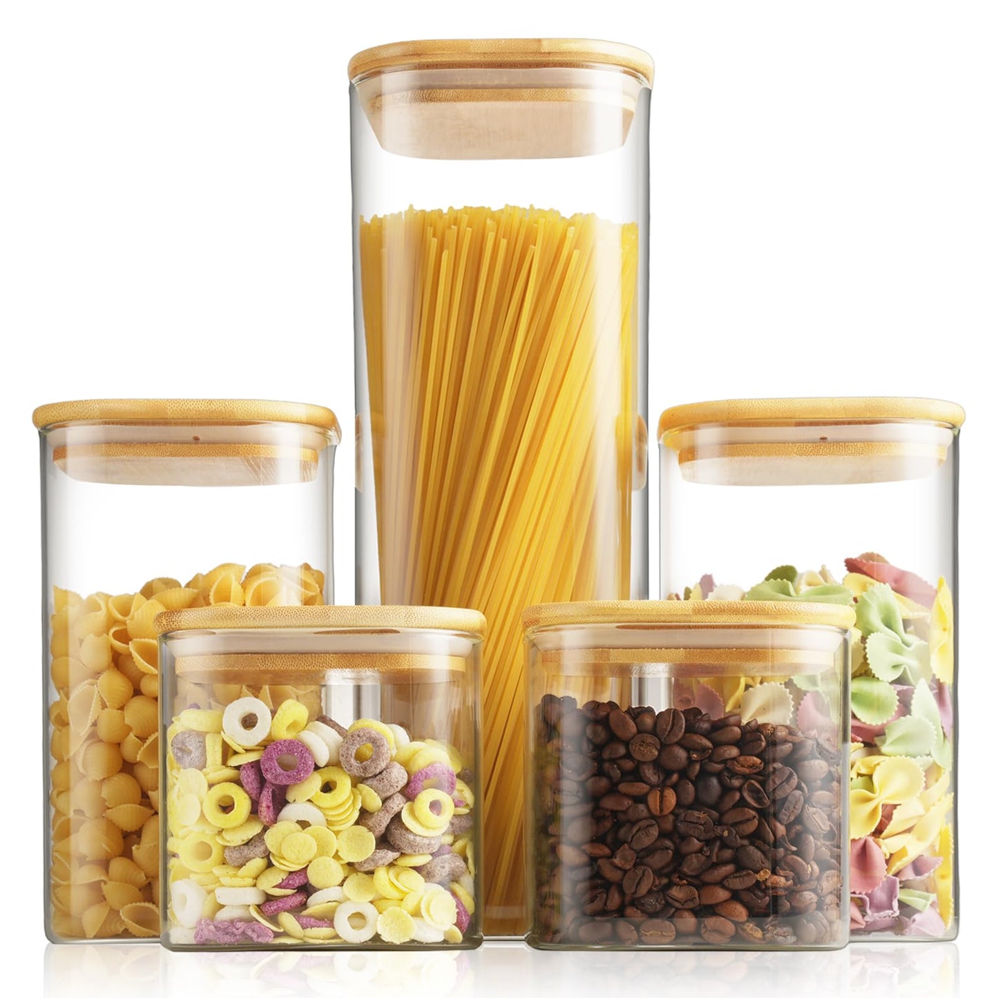 Glass Spaghetti Pasta Storage Container - 5 Pack Airtight Food Storage Jar Set with Bamboo Lid Labels - Square Kitchen Pantry Canister Organizers for Cookies Candy Coffee Bean Sugar Tea Spice Flour