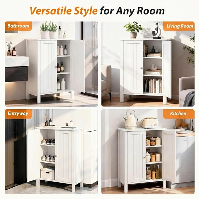 Bonnlo Bathroom Cabinet Free Standing Floor Storage with Double Door Adjustable Shelf Space Saver Decorative Modern Bathroom Furniture White