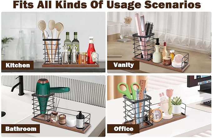 Hair Tool Organizer, Movable Hair Dryer Holder, Hair Styling Tools Storage for Vanity, Bath Counter Organizer, Bathroom Trays for Hair Toiletry, Makeup (12" x 3.7" x 5.8", Wood-Black)