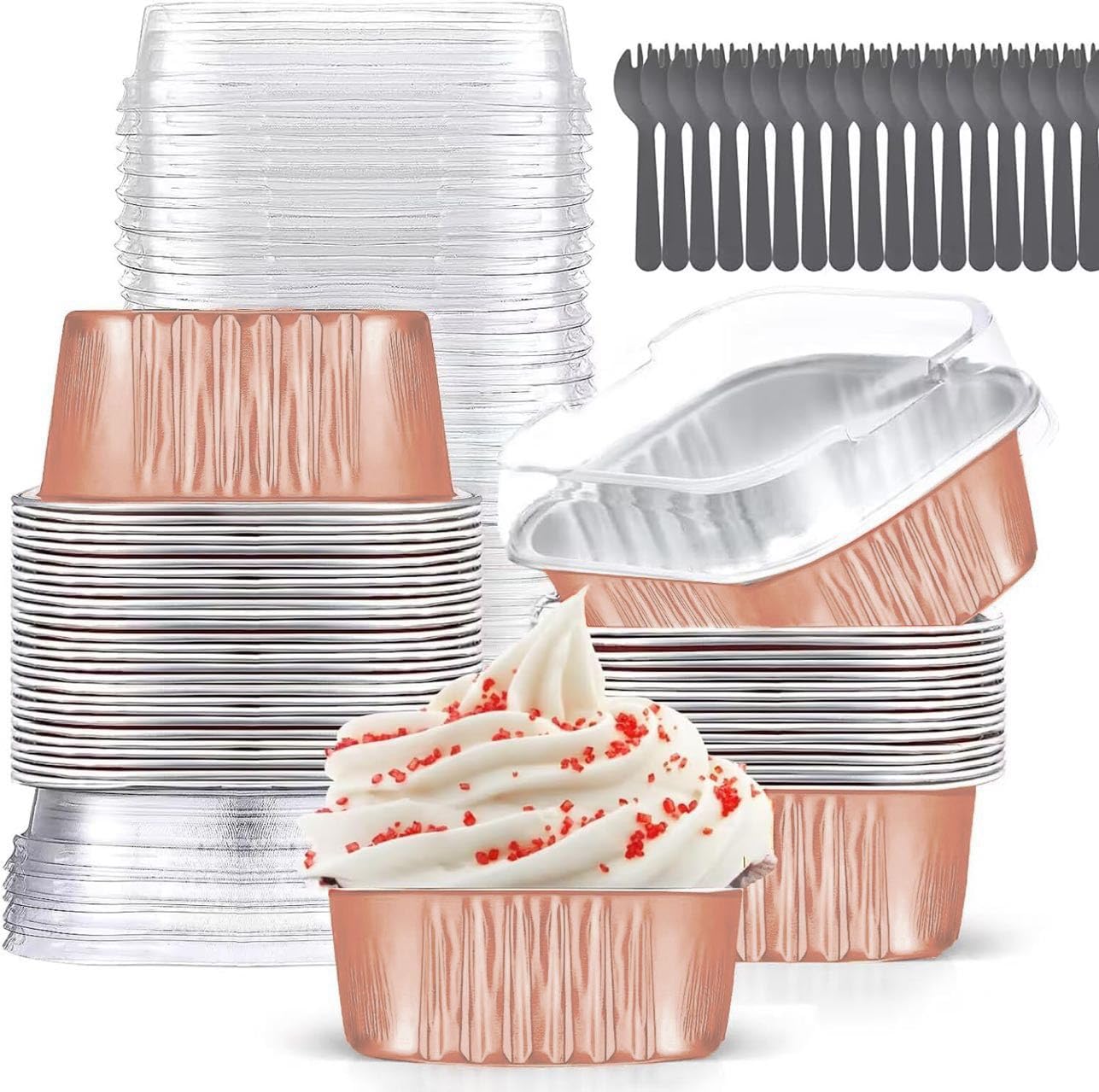 10oz Mini Cake Pans with Lids (40 Pack) Aluminum Foil Square Cupcake Liners Brownie Baking Cups,Disposable 4”x4” Large Cupcake Pan,Jumbo Muffin Tin Ramekins Holders