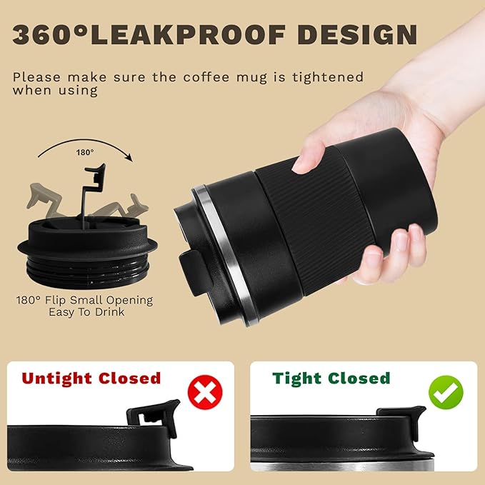 Vacuum-Insulated Stainless Steel Travel Coffee Mug, Leak-Proof Reusable Coffee Cup with Lid - Keep Hot & Cold Drinks for Hours, Durable Insulated Tumbler for Men & Women(3rd-Black, 12OZ)