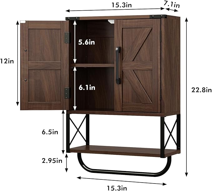 RUSTOWN Farmhouse Rustic Medicine Cabinet with Two Barn Door,Wood Wall Mounted Storage Cabinet with Adjustable Shelf and Towel Bar, 3-Tier Cabinet for Bathroom(Dark Walnut)