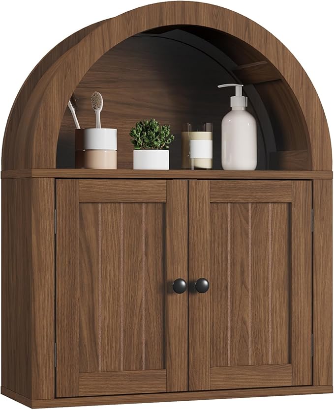 ChooChoo Arched Wall Cabinet, Bathroom Cabinet Wall Mount Over The Toilet with Display Shelf, Double Door Medicine Cabinet, Wooden Storage Cabinet for Kitchen, Living Room or Entryway, Walnut
