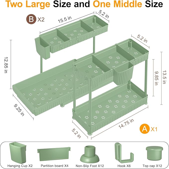 3 Pack Multi-Purpose Under Sink Organizers and Storage, 2026 L-Shaped Pull Out Cabinet Organizer for Bathroom & Kitchen, Under Cabinet Organizer with Hooks Hanging Cup, Green