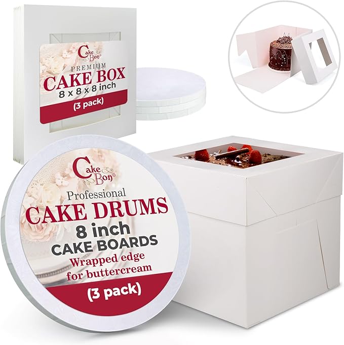 Cakebon Cake Box with Boards 8" White Round Wrapped Cake Drum 6Pack