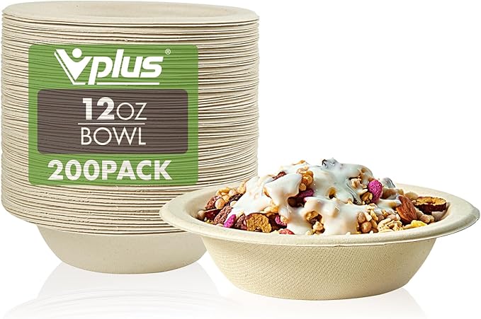 Vplus 200 Pack 16 OZ Compostable Paper Bowls, Bagasse Bowls，Nature