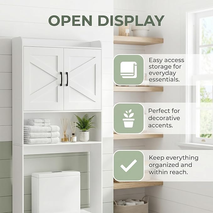 Homhedy Over The Toilet Storage Cabinet with 2 Barn Door and Toilet Paper Holder Stand, FreeStanding Toilet Shelf Space Saver, for Bathroom, Restroom, Laundry, White