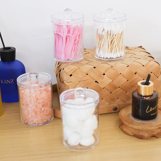 4 Pack Acrylic Qtip Holder Dispenser,Canisters Apothecary Jar Set, Vanity Makeup Storage Organizer Set,10 oz
