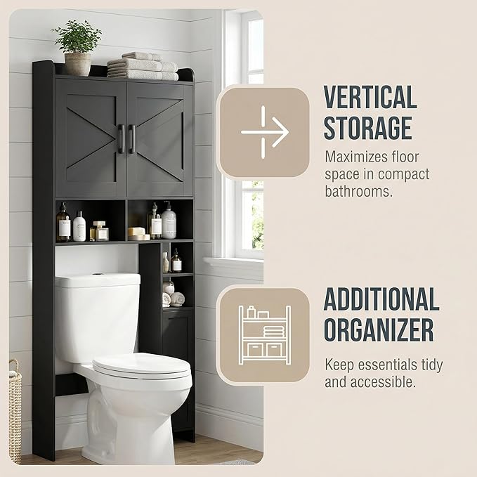 Homhedy Over The Toilet Storage Cabinet with 2 Barn Door and Toilet Paper Holder Stand, FreeStanding Toilet Shelf Space Saver, for Bathroom, Restroom, Laundry, Black