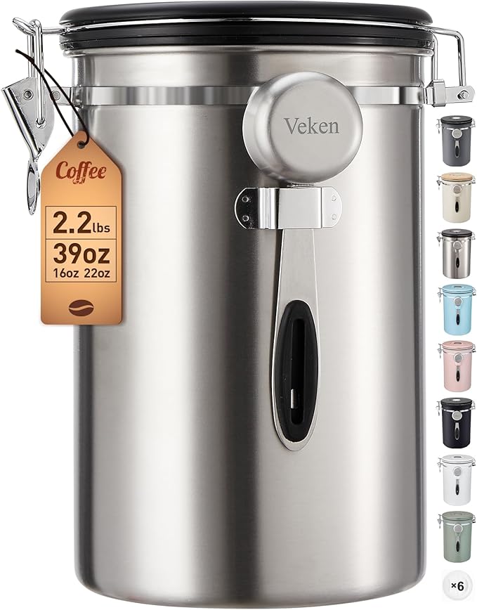 Veken Coffee Canister, 39OZ Large, Airtight Stainless Steel Food Storage Container for 2.2lbs Coffee Beans, Ground, Sugar, Tea, Flour, Cereal, Kitchen Bar Accessories with Date Tracker & Scoop, Silver