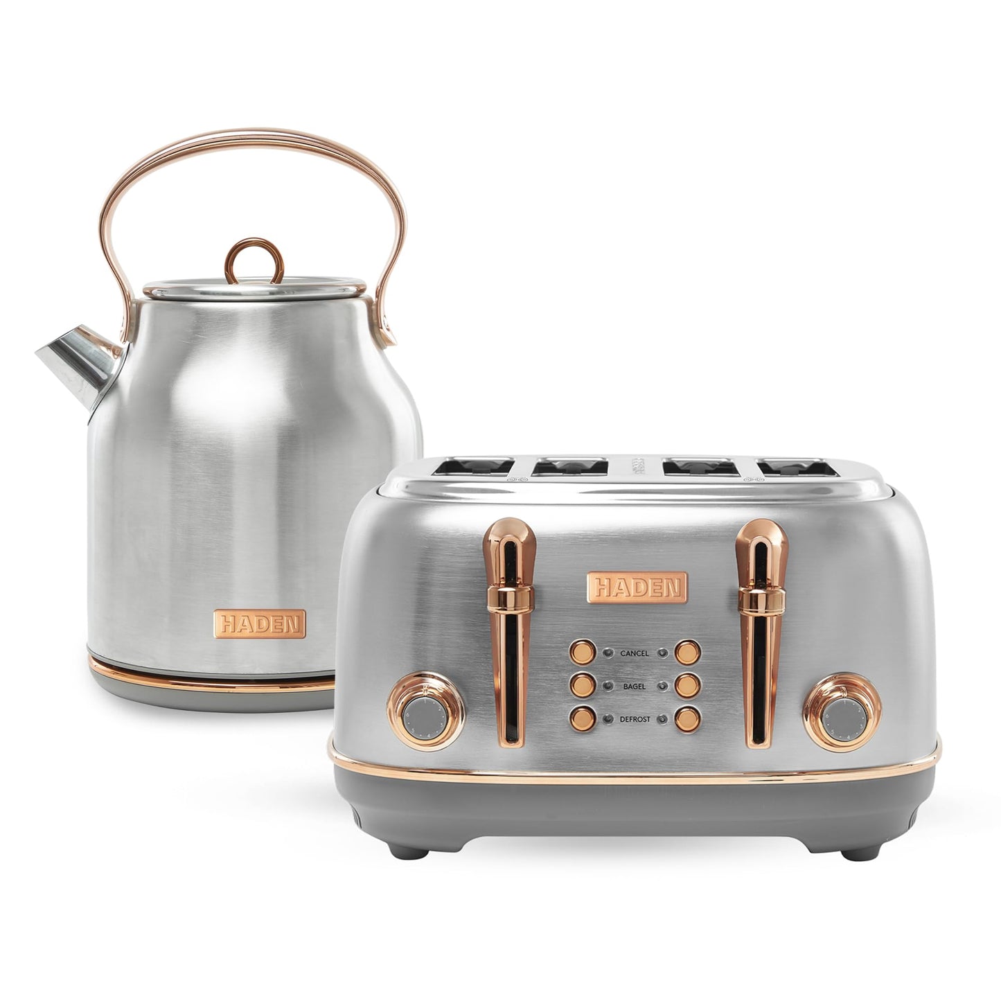 Haden Heritage Stainless Steel Body Retro Electric Tea Kettle, White and Haden Heritage 4 Slice Wide Slot Stainless Steel Retro Toaster, White