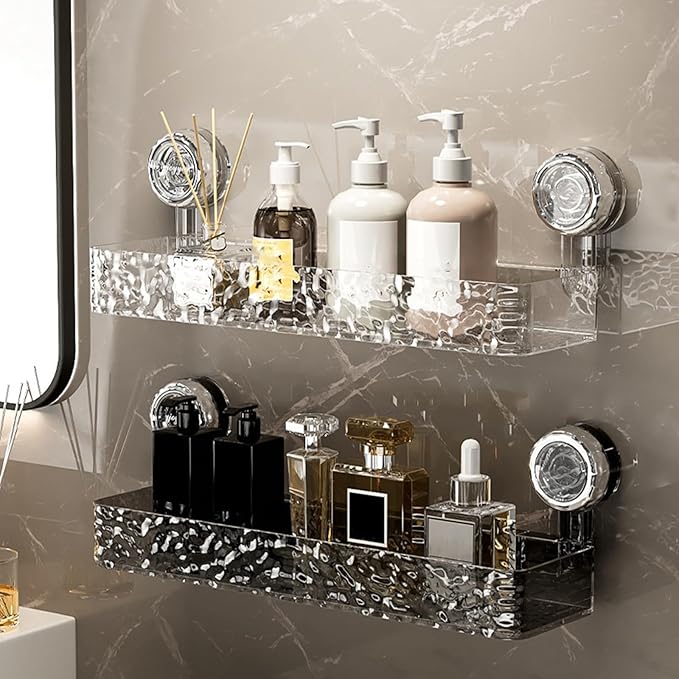 No-Drill Bathroom Suction Storage Box,Corrugated Suction Cup Storage Holder,Powerful Suction Storage Box,Removable Hanging Storage Basket, No Drilling Shelves Caddy, Ripple Acrylic (Long style-Grey)