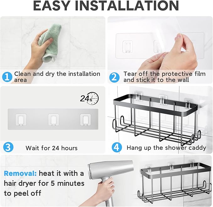 Lsnisni 3 Pack Shower Caddy Adhesive Replacement, Waterproof Shower Shelf Adhesive Strips, Strong Adhesive Flat Hooks for Bathroom Storage Shelves and Kitchen Racks No Drilling, Clear