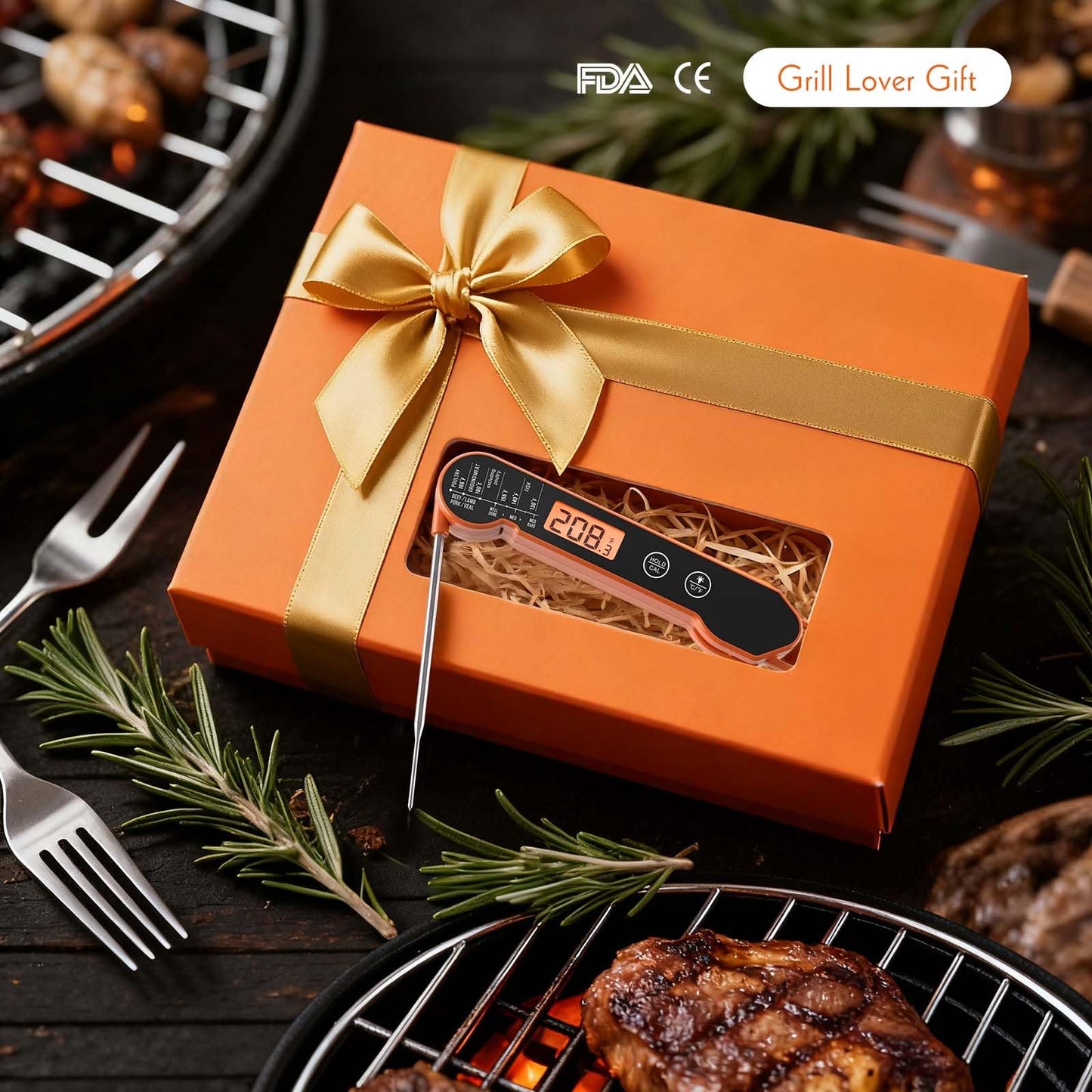 CaloriMastery Meat Thermometer Digital with Backlight, Calibration & Hold Function, IP65 Waterproof Food Thermometer for Cooking, Outdoor Grilling, Candy Making