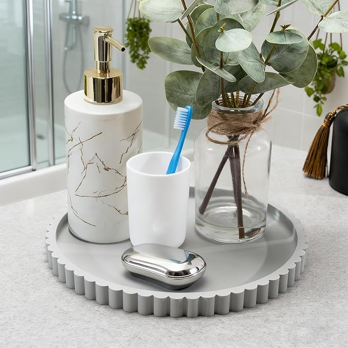 Silicone Bathroom Countertop and Vanity Tray-10 Inch Round Silicone Bathroom Tray, Modern Bathroom Decor, Coffee Table Decor, Decorative Tray for Candle, Perfume, Plants (Grey)