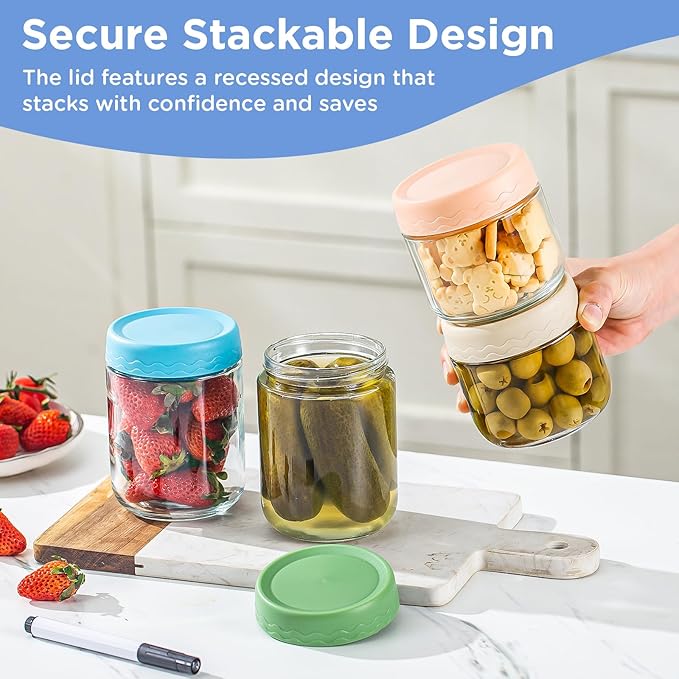 DRKIO 10 & 16 Oz Overnight Oats Containers with Lids - 6 Pack Glass Storage Jars with Airtight Lids Wide Mouth Mason Food Jars Great for Meal Prep Salad Chia Puddirg Snacks Yogurt Sugar Spice Cereal