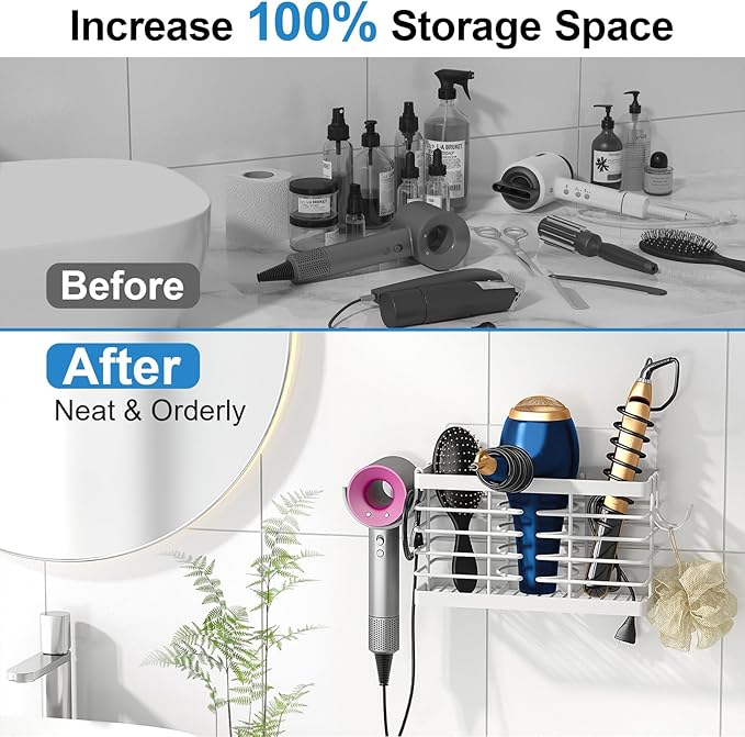 Hair Tool Organizer, 2026 Upgraded 3-in-1 Universal Hair Dryer Holder, Adjustable Height Metal Blow Dryer Holder Wall Mounted/Over Cabinet Door, Bathroom Organizer and Storage(White)