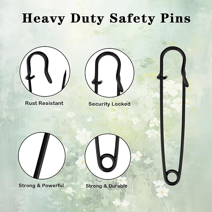 15Pcs Large Safety Pins, 4‘’ Heavy Duty Steel Safety Pins for Clothes, Ideal for Leather, Canvas, and Wool, Sharp Tip for Secure Hold, Perfect for Clothing, Diapers, Blankets, and More, Black