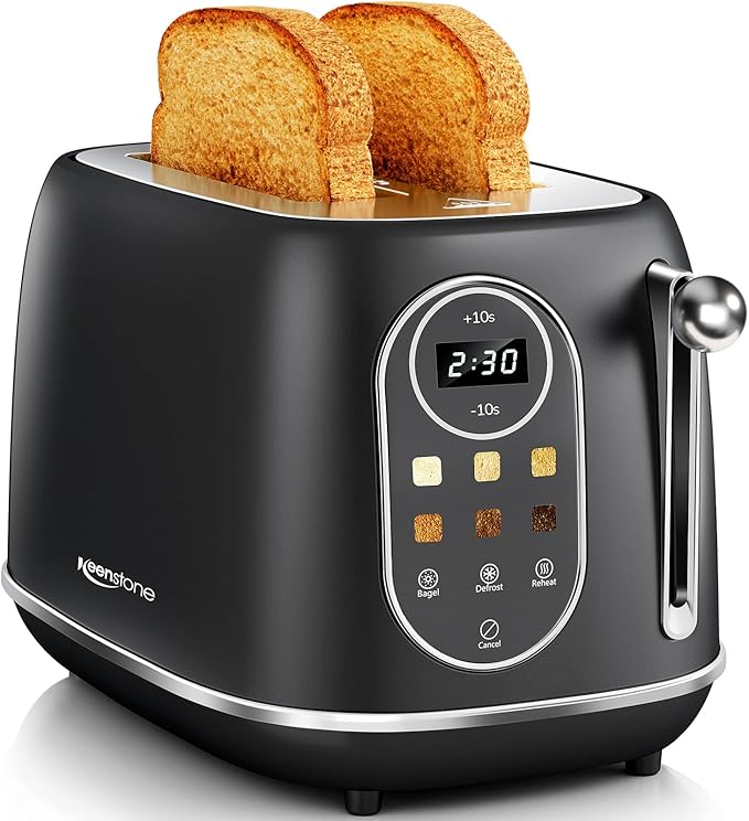 Keenstone Smart Touch Screen Toaster 2 Slice, Retro Wide Slot Stainless Steel Toaster with 6 Browning Levels, Reheat & Defrost, for Bagel, Toast, Bread, Removable Crumb Tray, Beige