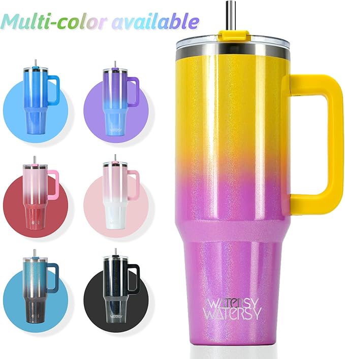 40 oz Shiny Tumbler with Handle and Straw,Stainless Steel Tumbler with Lid and Straw,Insulated Travel Mug(Cold for 34 Hours),Water Bottle for Iced Tea,Coffee (Yellow)